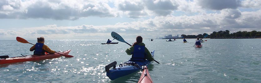 Students kayaking in Lake Michigan